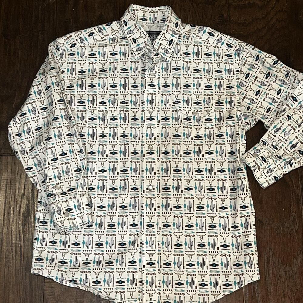 Panhandle Shirt Kids Medium 10 Rough Stock Pearl Snap Aztec Cowboy White Blue